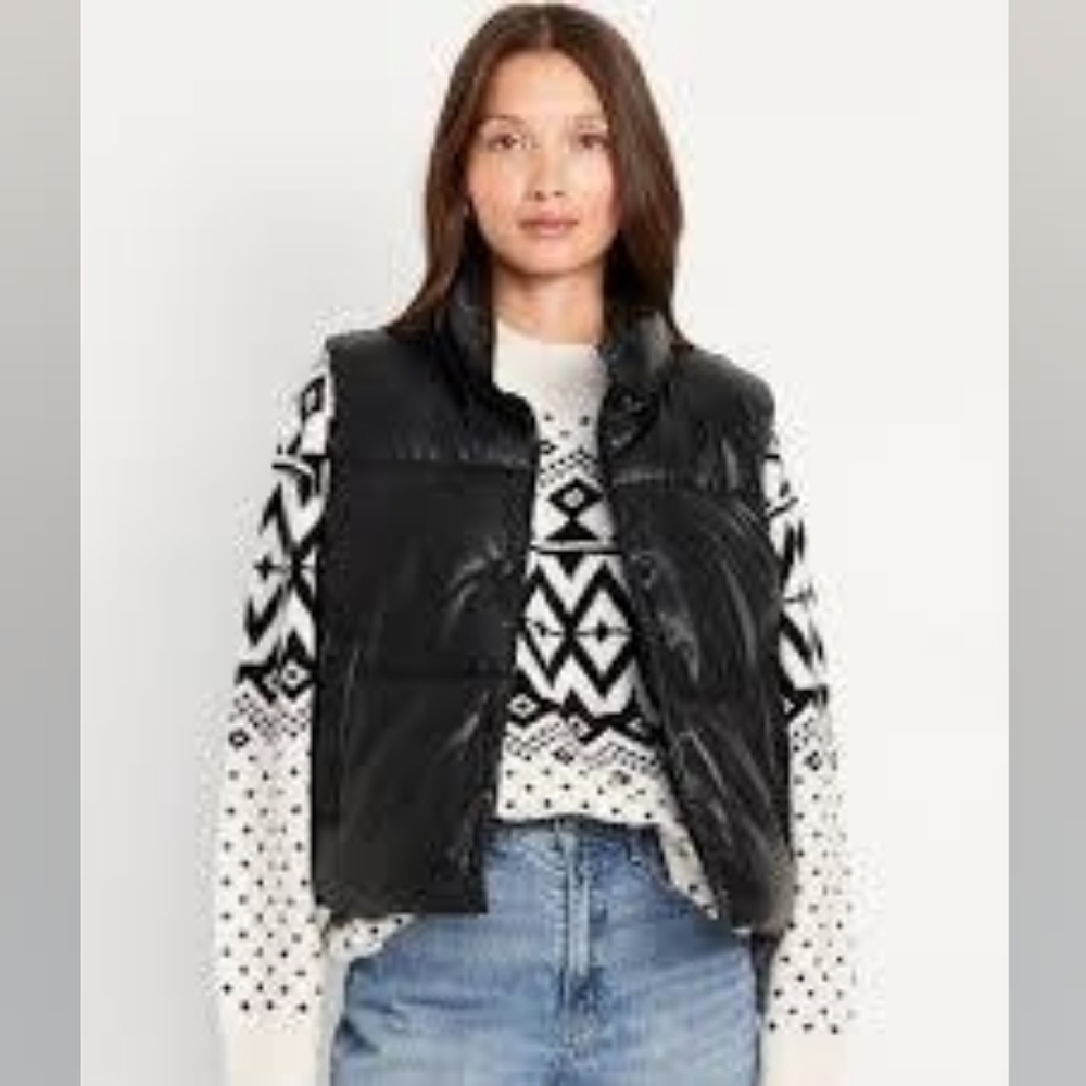 NWT Old Navy Faux-Leather Black Puffer Vest - Sz L